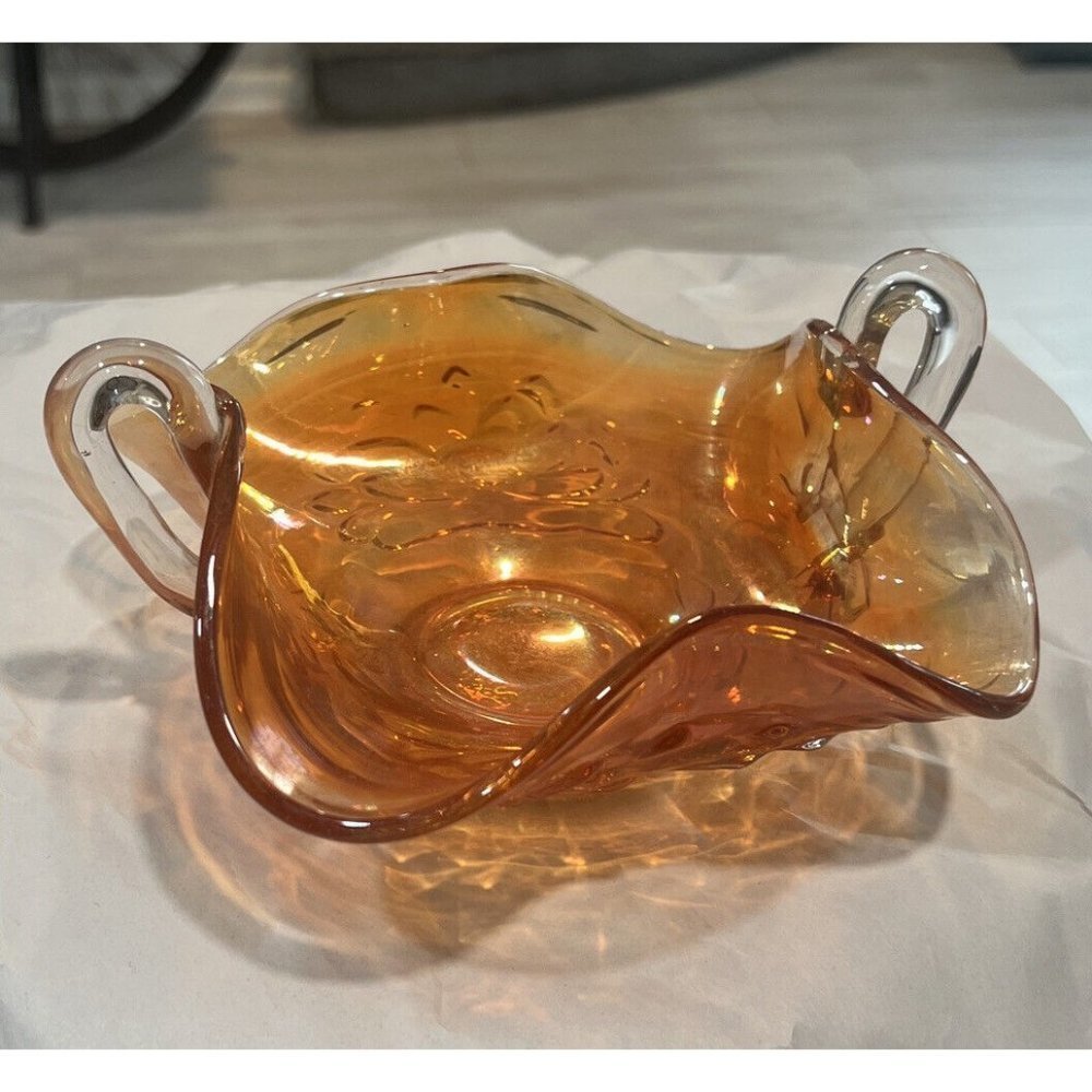 Vintage Orange Carnival Glass Candy Dish with 2 Handles Flower Lotus Water Lilly